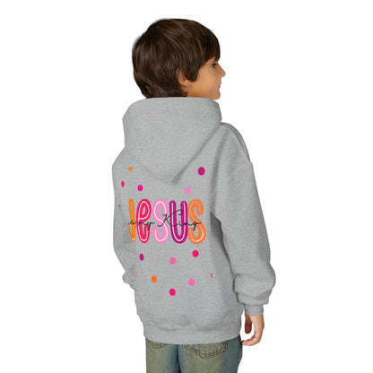Youth Hoodie — “Jesus” Colorful Polka Dot Christian Pullover