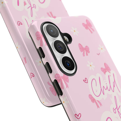 Child of God Pink Phone Case — Cute Christian iPhone Cover with Bows & Hearts