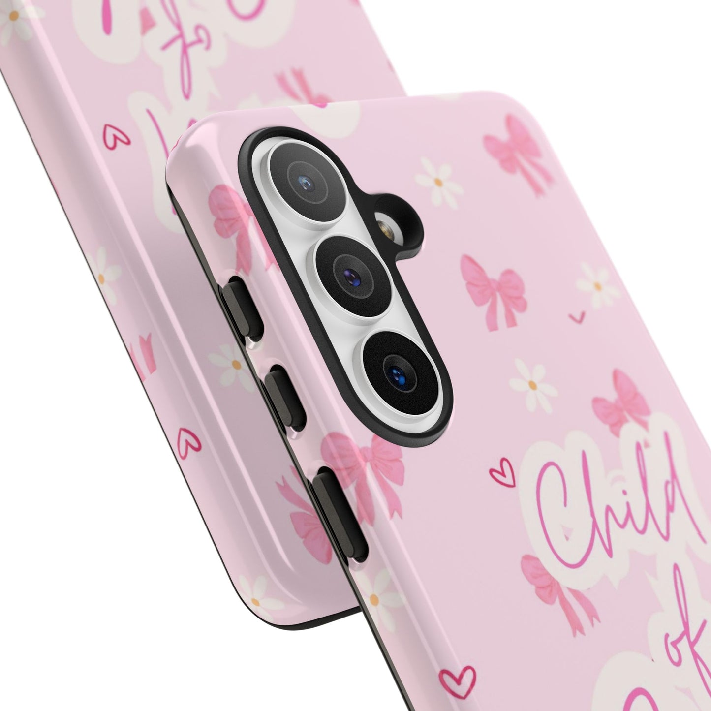 Child of God Pink Phone Case — Cute Christian iPhone Cover with Bows & Hearts
