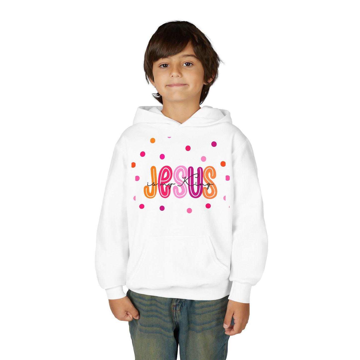 Youth Hoodie — “Jesus” Colorful Polka Dot Christian Pullover