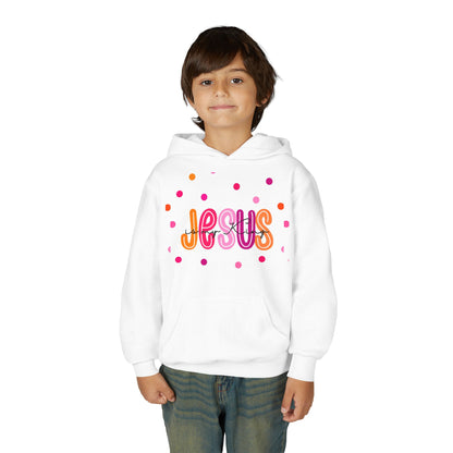 Youth Hoodie — “Jesus” Colorful Polka Dot Christian Pullover