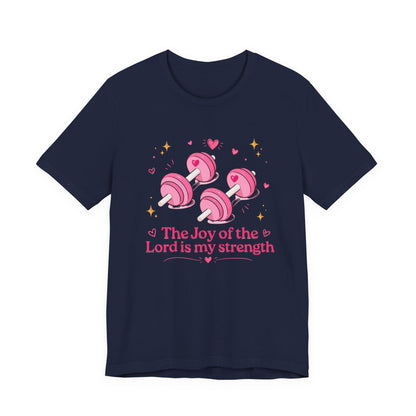 Christian Fitness T-Shirt — “The Joy of the Lord is My Strength” Pink Dumbbells Tee