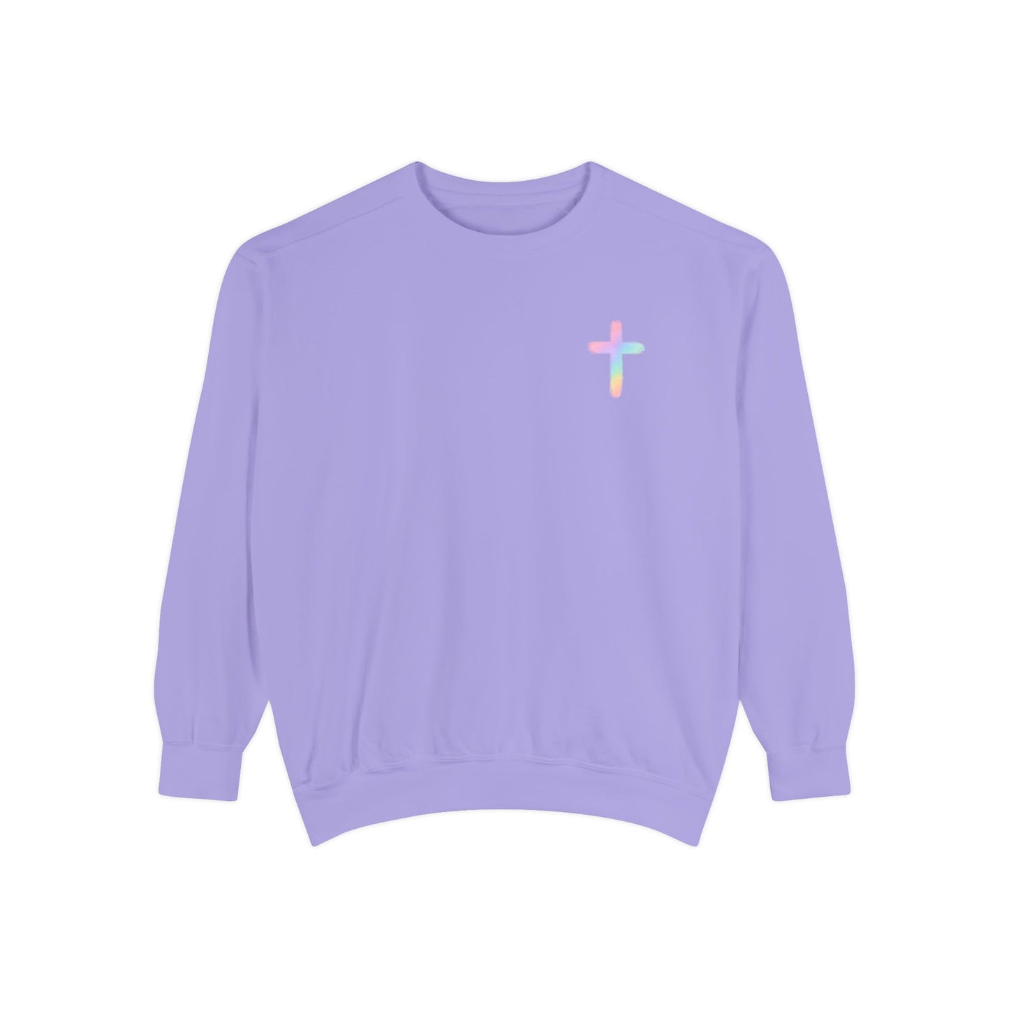 Christian Cross Sweatshirt — Pink Faith Message Garment-Dyed Crewneck