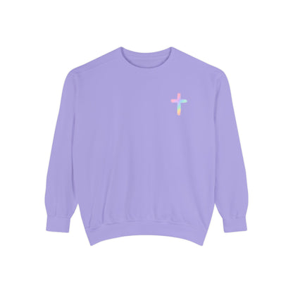 Christian Cross Sweatshirt — Pink Faith Message Garment-Dyed Crewneck