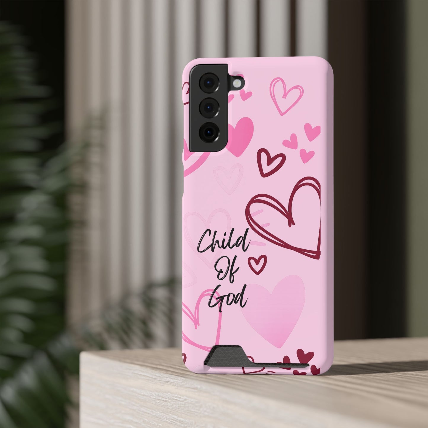 Pink "Child of God" Phone Card Case — Heart Pattern Religious Phone Case with Card Holder