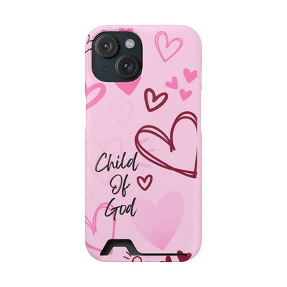 Pink "Child of God" Phone Card Case — Heart Pattern Religious Phone Case with Card Holder