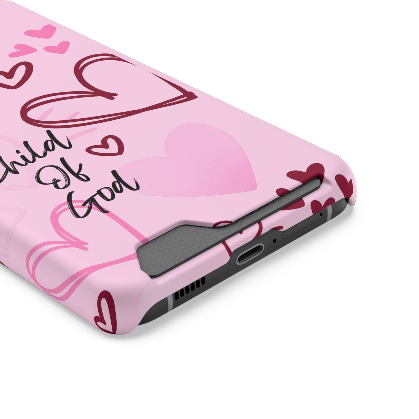 Pink "Child of God" Phone Card Case — Heart Pattern Religious Phone Case with Card Holder