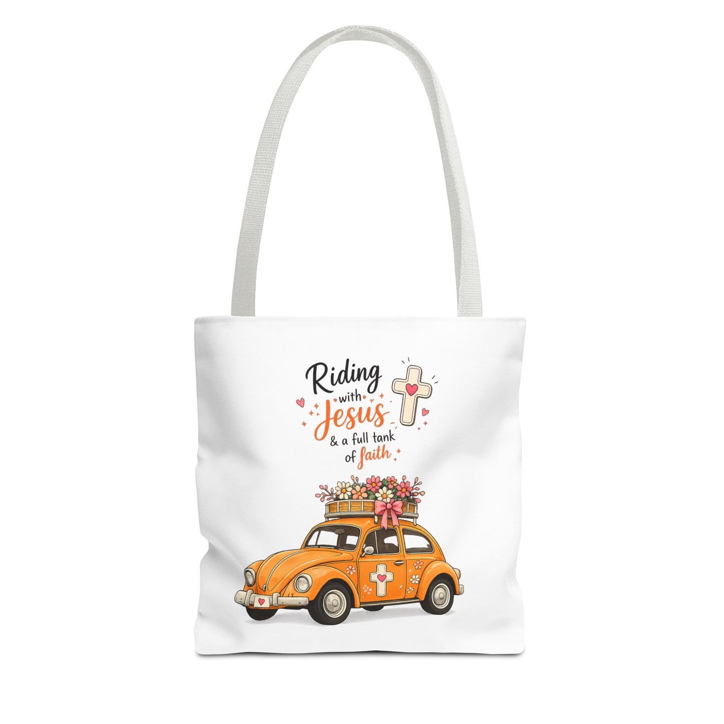 Christian Tote Bag — “Riding with Jesus” Floral Beetle Illustration