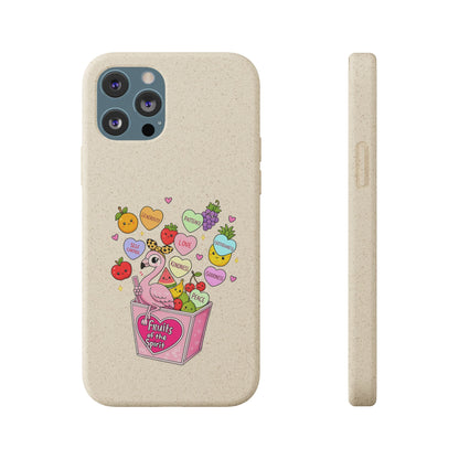 Biodegradable Phone Case — Cute Flamingo & Fruit Hearts "Fruity Love" Eco-Friendly iPhone Cover