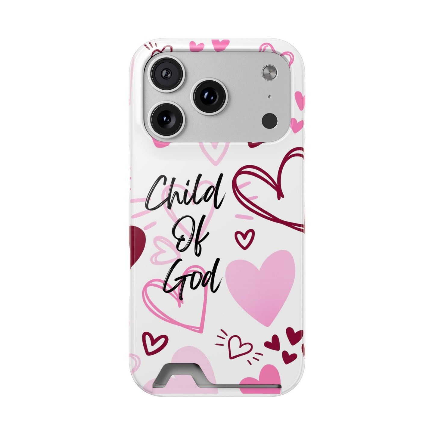 Phone Case — "Child of God" Card Holder Case, Pink Hearts Christian Phone Cover