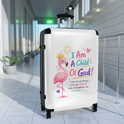 Child of God Kids Suitcase – Pink Flamingo Faith Travel Luggage (Philippians 4:13)