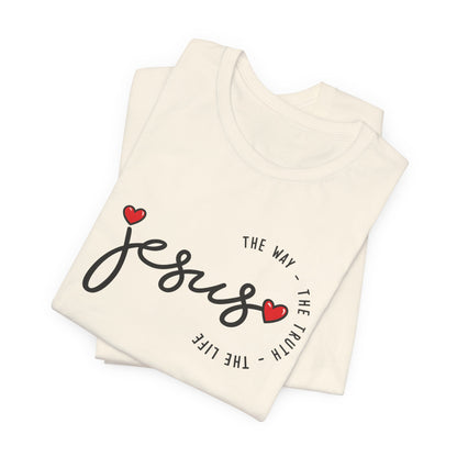 Jesus Script Tee - "Jesus" with Hearts | Faith Christian Shirt