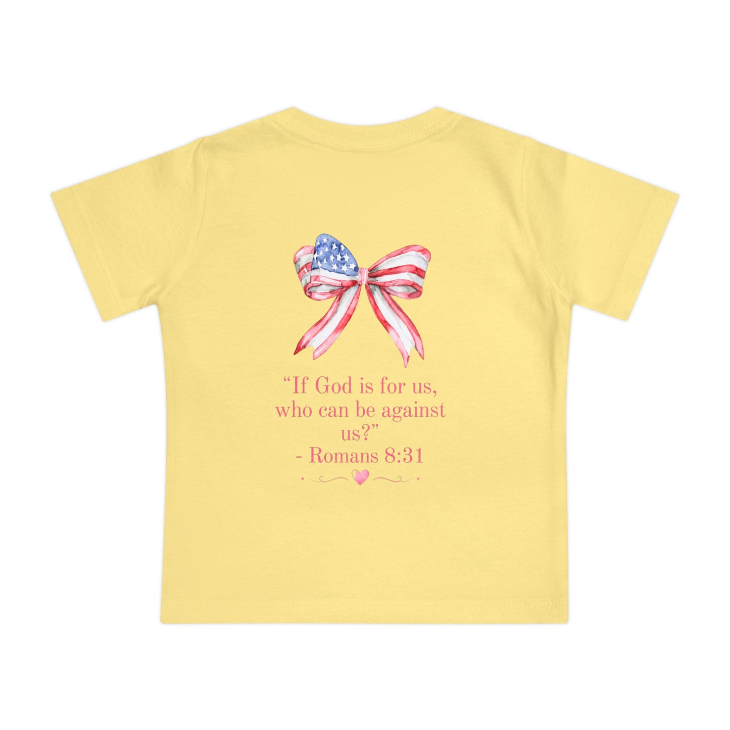 Baby T-Shirt — 'I Am a Child of God' Christian Infant Tee (Romans 8:31, Patriotic Bow Back)