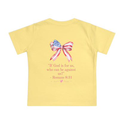 Baby T-Shirt — 'I Am a Child of God' Christian Infant Tee (Romans 8:31, Patriotic Bow Back)