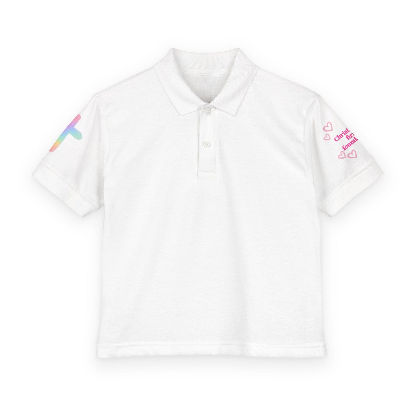 Youth Polo Shirt — Pink Floral Flamingo Kids' Polo (Hearts & Colorful Sleeves)