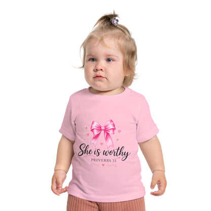 Baby T-Shirt "She is Worthy" Pink Bow Proverbs 31 – Christian Infant Tee