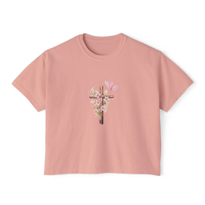 Women's Boxy Tee — Pink Floral Cross "Pray" Christian Graphic Shirt