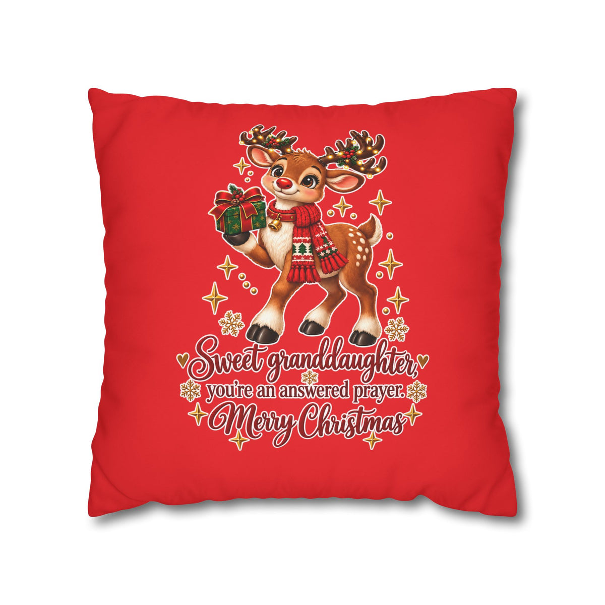 Christmas Reindeer Pillow - "Sweet Granddaughter You're an Answered Prayer" Holiday Throw Pillow