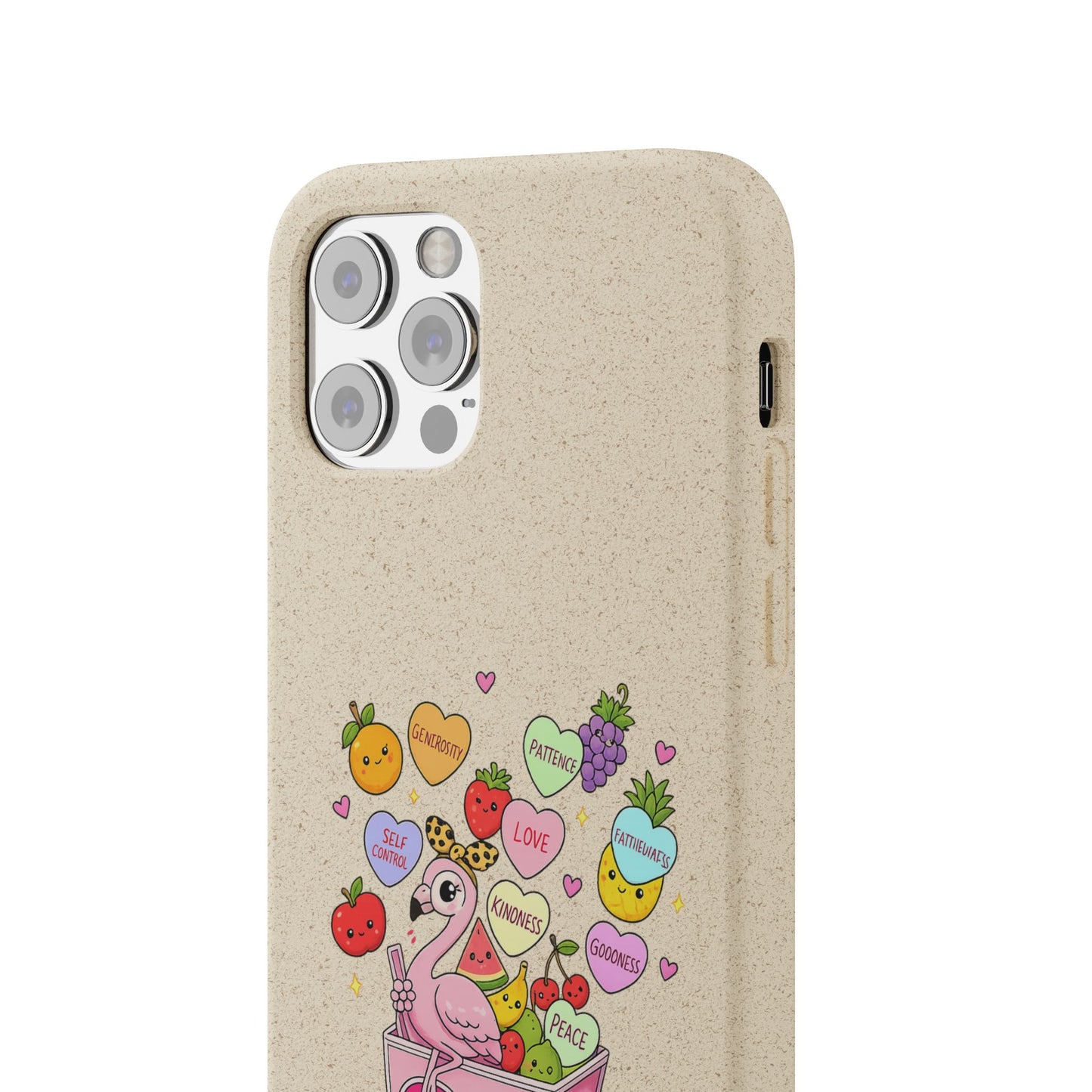 Biodegradable Phone Case — Cute Flamingo & Fruit Hearts "Fruity Love" Eco-Friendly iPhone Cover