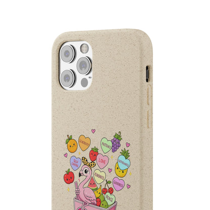 Biodegradable Phone Case — Cute Flamingo & Fruit Hearts "Fruity Love" Eco-Friendly iPhone Cover