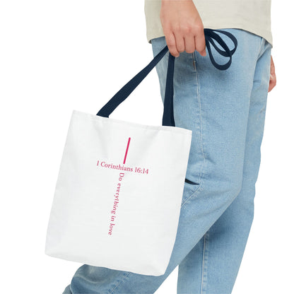 Christian Tote Bag — I Corinthians 16:14 'Do Everything in Love' Cross Design