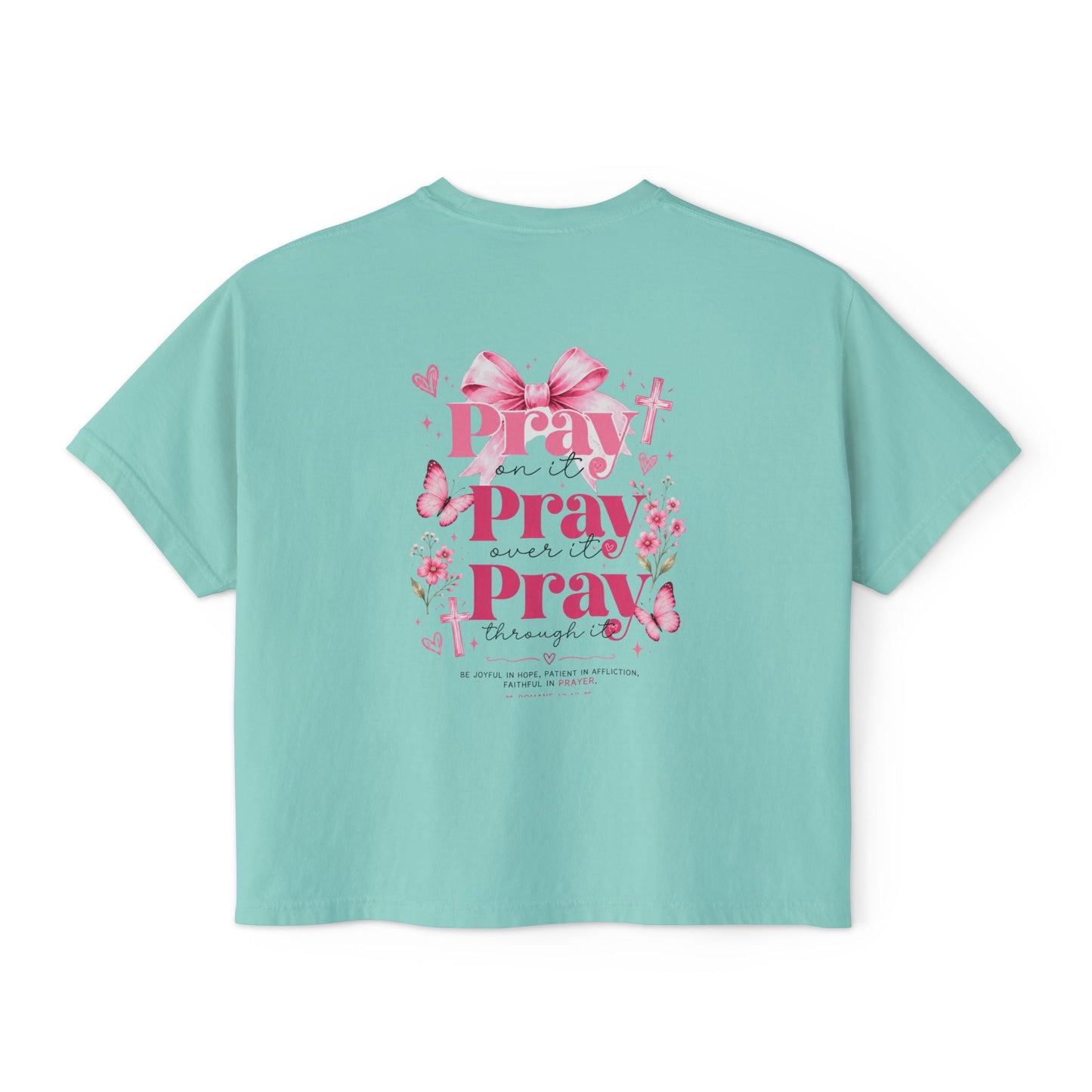 Women's Boxy Tee — Pink Floral Cross "Pray" Christian Graphic Shirt