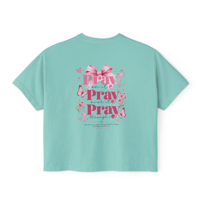 Women's Boxy Tee — Pink Floral Cross "Pray" Christian Graphic Shirt