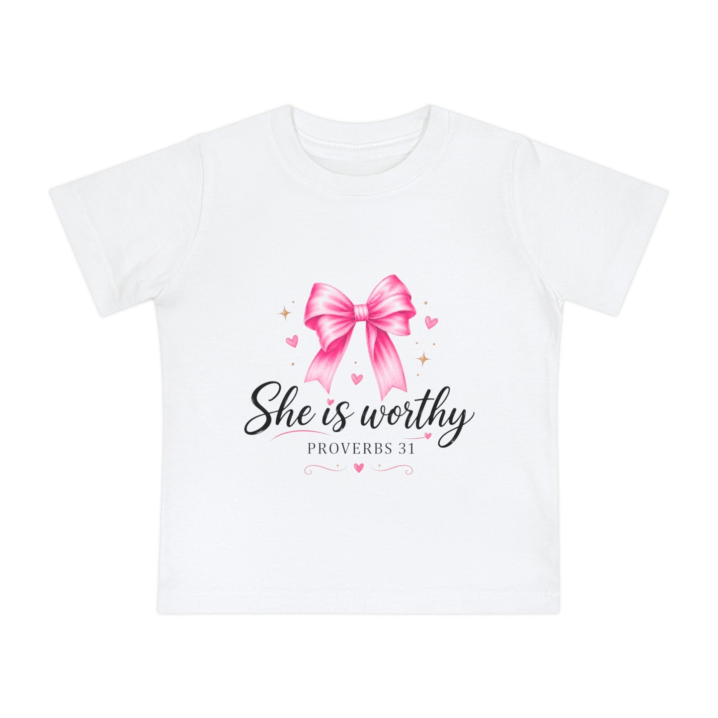 Baby T-Shirt "She is Worthy" Pink Bow Proverbs 31 – Christian Infant Tee