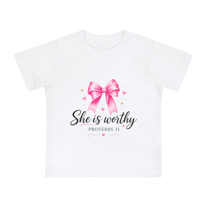 Baby T-Shirt "She is Worthy" Pink Bow Proverbs 31 – Christian Infant Tee