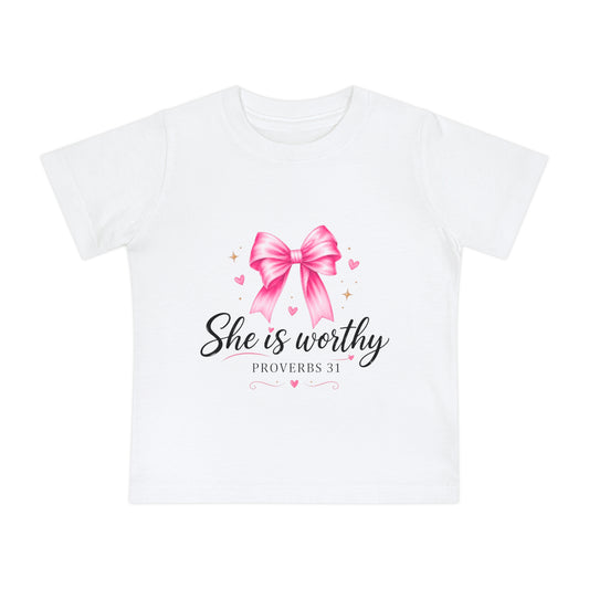 Baby T-Shirt "She is Worthy" Pink Bow Proverbs 31 – Christian Infant Tee