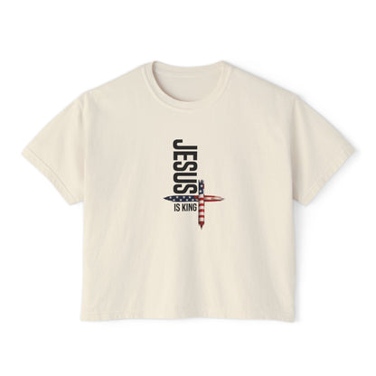 Jesus Is King American Flag Cross Women's Boxy Tee