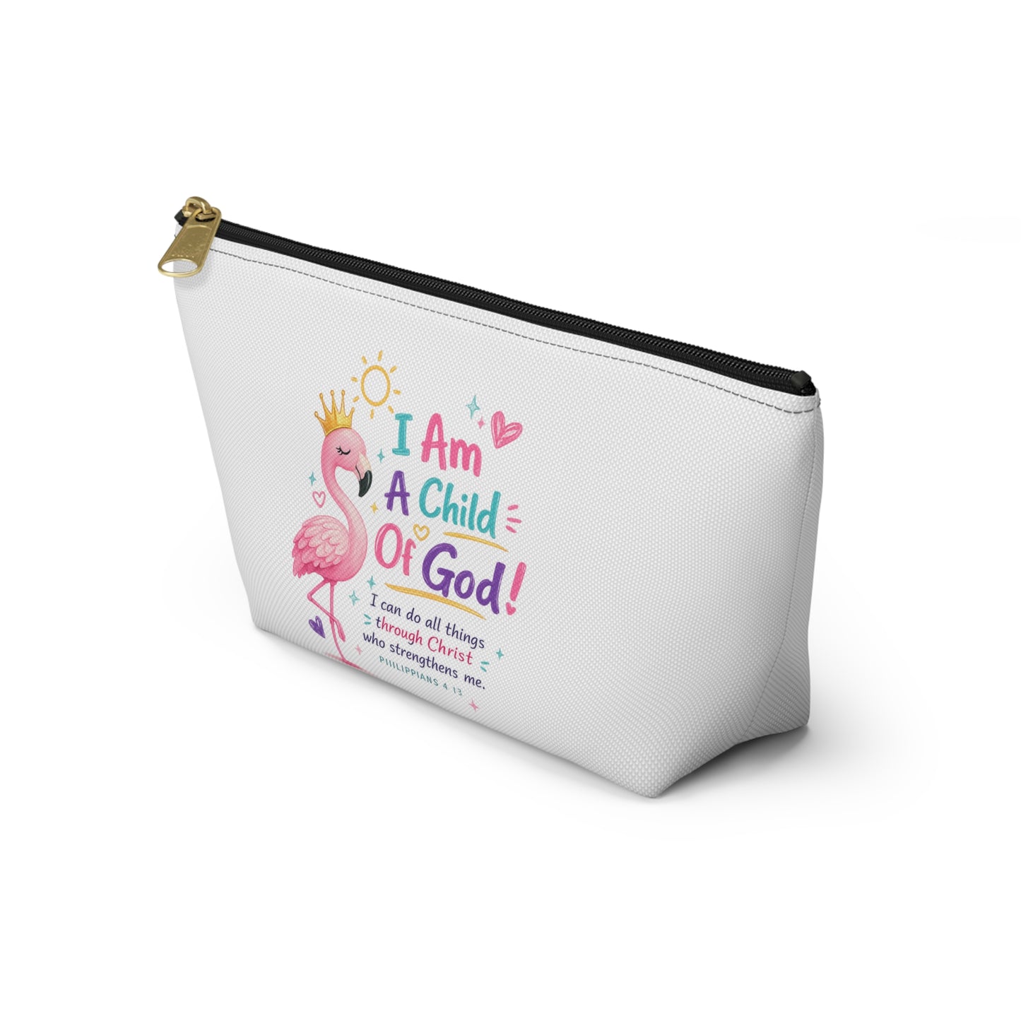 Child of God Flamingo Accessory Pouch — 'I Am A Child Of God' T-Bottom Makeup Bag