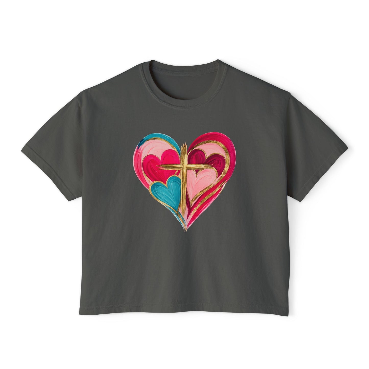 Heart Cross Women's Boxy Tee — Colorful Watercolor Heart Graphic