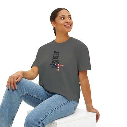 Jesus Is King American Flag Cross Women's Boxy Tee