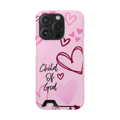 Pink "Child of God" Phone Card Case — Heart Pattern Religious Phone Case with Card Holder