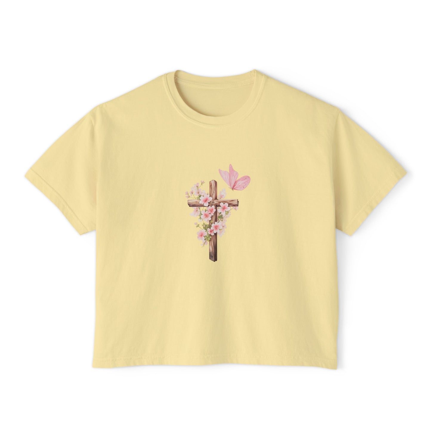 Women's Boxy Tee — Pink Floral Cross "Pray" Christian Graphic Shirt