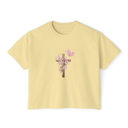 Women's Boxy Tee — Pink Floral Cross "Pray" Christian Graphic Shirt