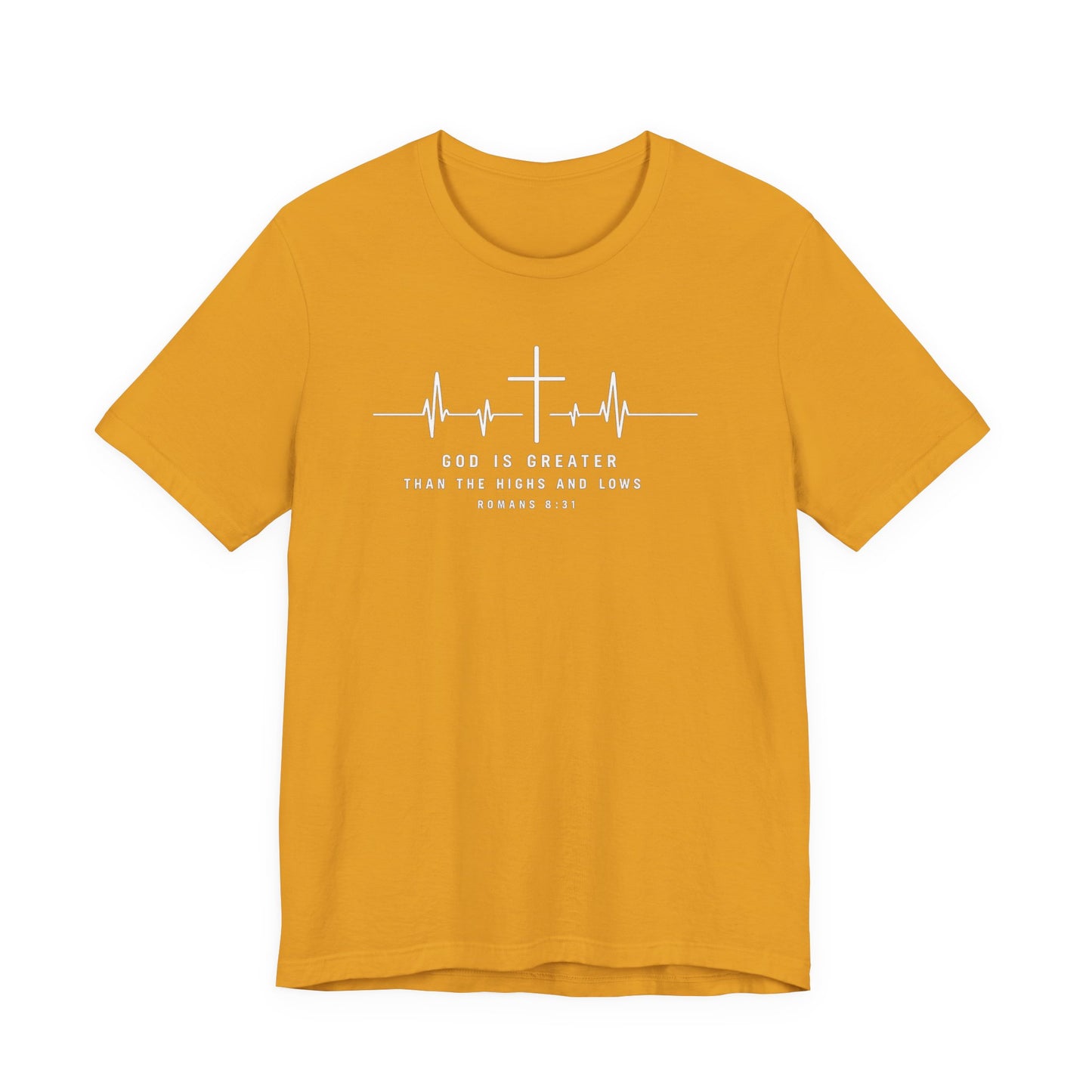 Christian Cross Heartbeat T-Shirt – "God is Greater Than the Highs and Lows" Faith Tee