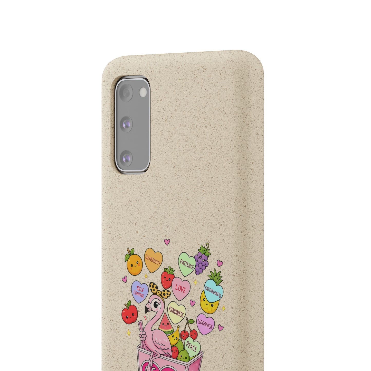 Biodegradable Phone Case — Cute Flamingo & Fruit Hearts "Fruity Love" Eco-Friendly iPhone Cover