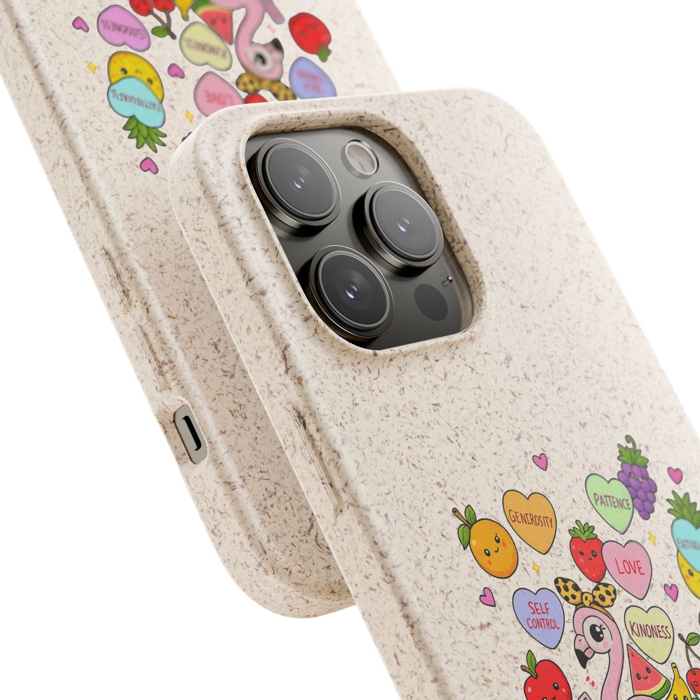 Biodegradable Phone Case — Cute Flamingo & Fruit Hearts "Fruity Love" Eco-Friendly iPhone Cover