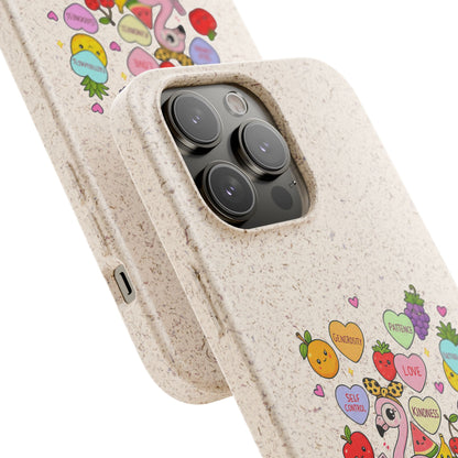 Biodegradable Phone Case — Cute Flamingo & Fruit Hearts "Fruity Love" Eco-Friendly iPhone Cover