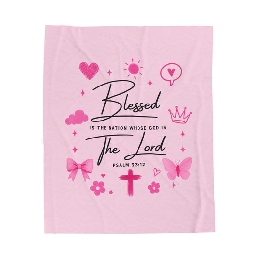 Blessed by the Lord Velveteen Plush Blanket — Pink Christian Scripture Psalm 33:12 Throw