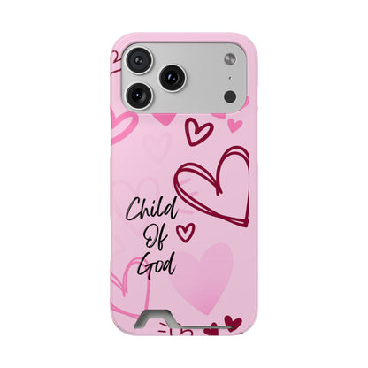 Pink "Child of God" Phone Card Case — Heart Pattern Religious Phone Case with Card Holder