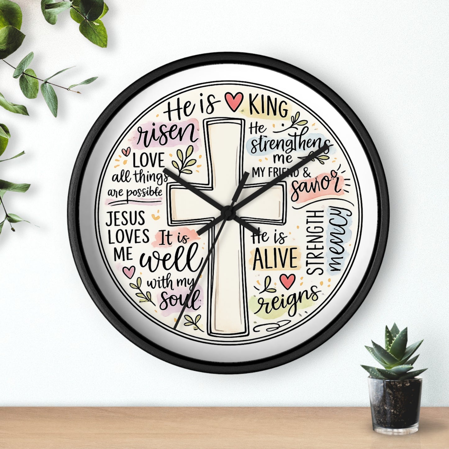 Christian Cross Wall Clock — Inspirational Scripture Quote Home Decor (He is Risen • It Is Well • Jesus Loves Me)