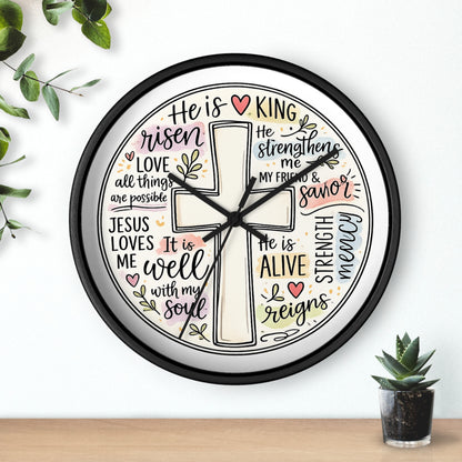 Christian Cross Wall Clock — Inspirational Scripture Quote Home Decor (He is Risen • It Is Well • Jesus Loves Me)