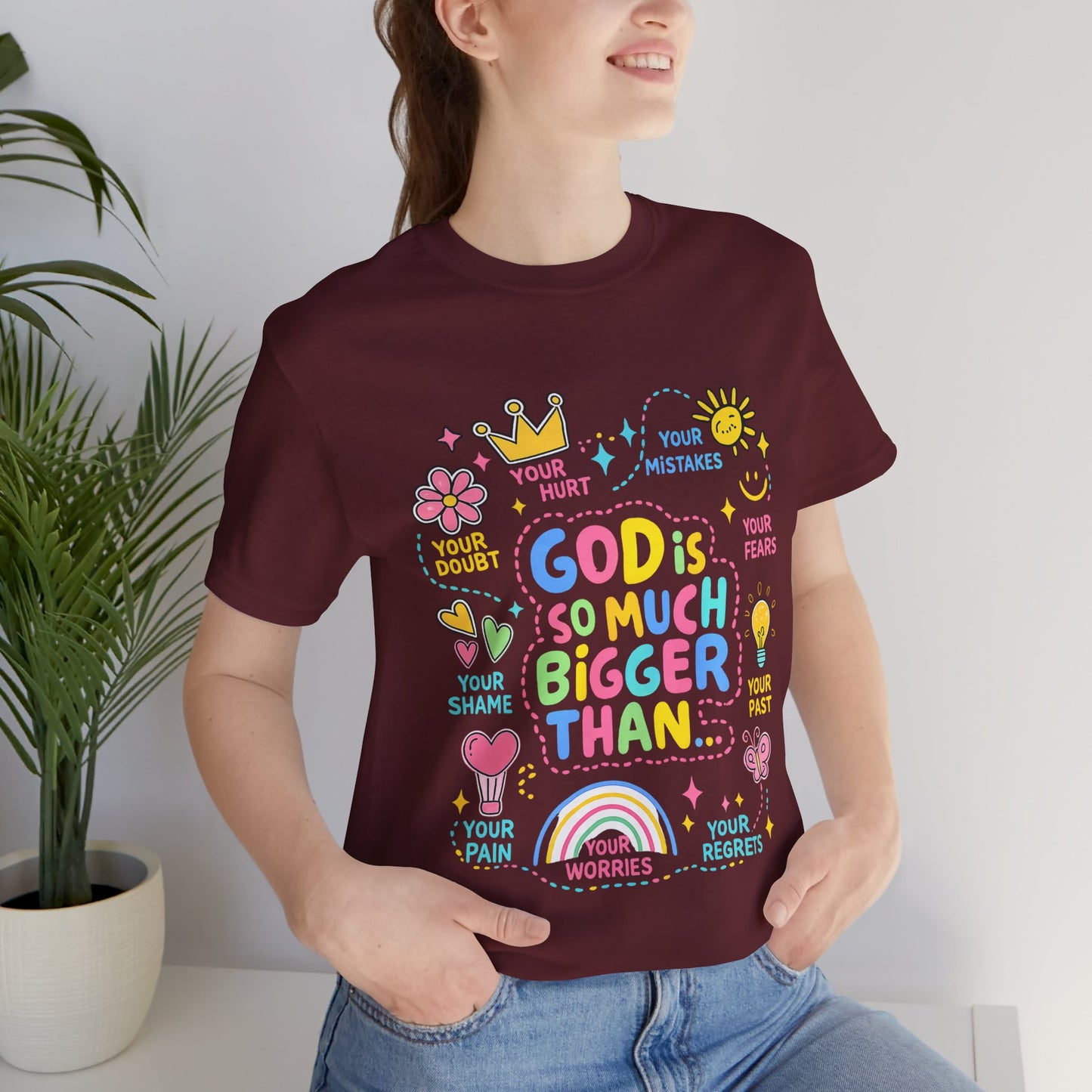 Christian T‑Shirt — "God Is So Much Bigger Than..." Pastel Faith Tee