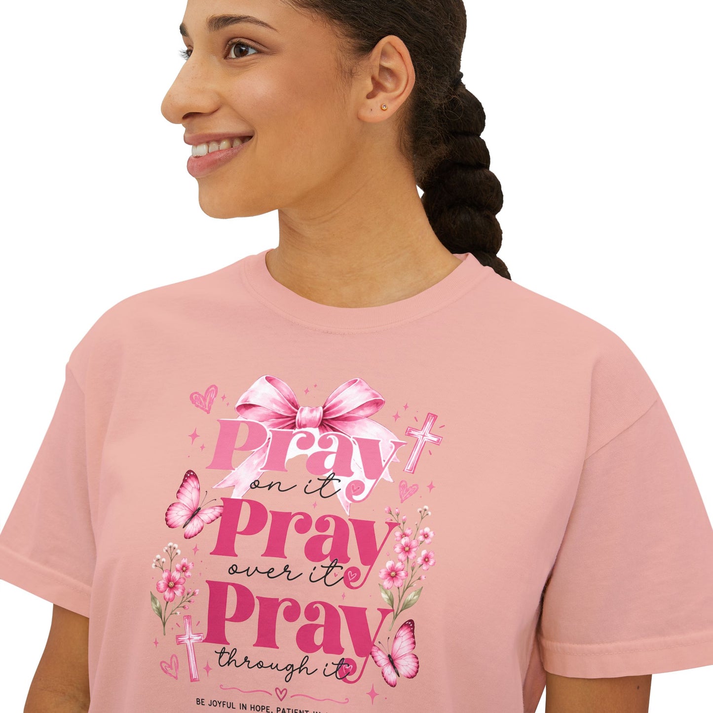 Pray Pray Pray Women's Boxy Tee — Pink Faith Floral Graphic