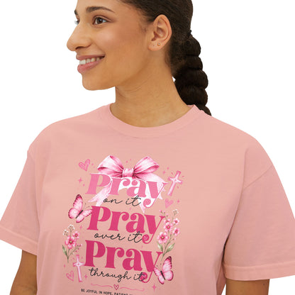 Pray Pray Pray Women's Boxy Tee — Pink Faith Floral Graphic