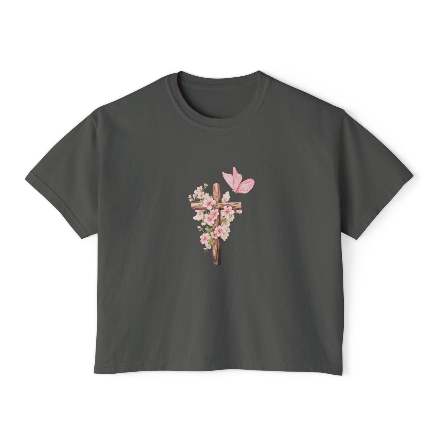Women's Boxy Tee — Pink Floral Cross "Pray" Christian Graphic Shirt