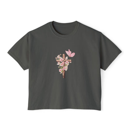 Women's Boxy Tee — Pink Floral Cross "Pray" Christian Graphic Shirt